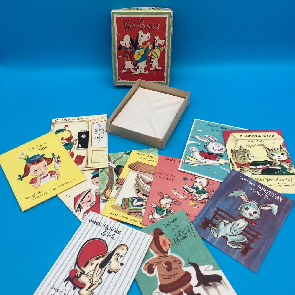 Vintage Fun Frolics Greeting Card Box Set 1950s MCM Ephemera 11 Cards